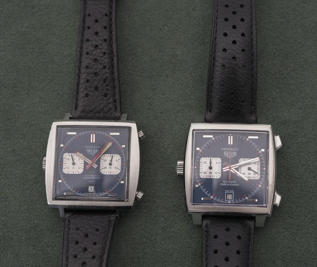 Vasemmalla originaali vuonna 1969 valmistettu Heuer Monaco 1133B ja oikealla uusin versio - Calibre 11.