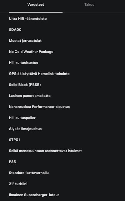 Teslan varustetiedot