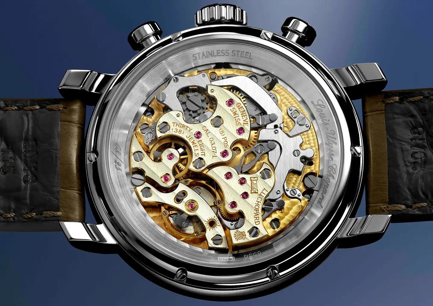 Chopard L.U.C 1963 Heritage Chronographin koneistonäkymä.