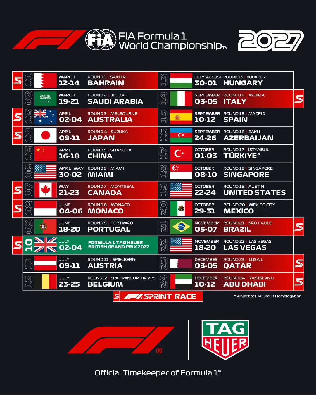 TAG Heuer British Grand Prix 2027 ja vuoden 2027 kisakalenteri.
