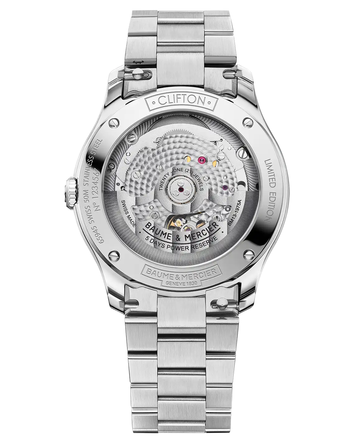 Baume & Mercier Clifton 10870 luottaa Baumatic-koneistoon 120 tunnin käyntivaralla.