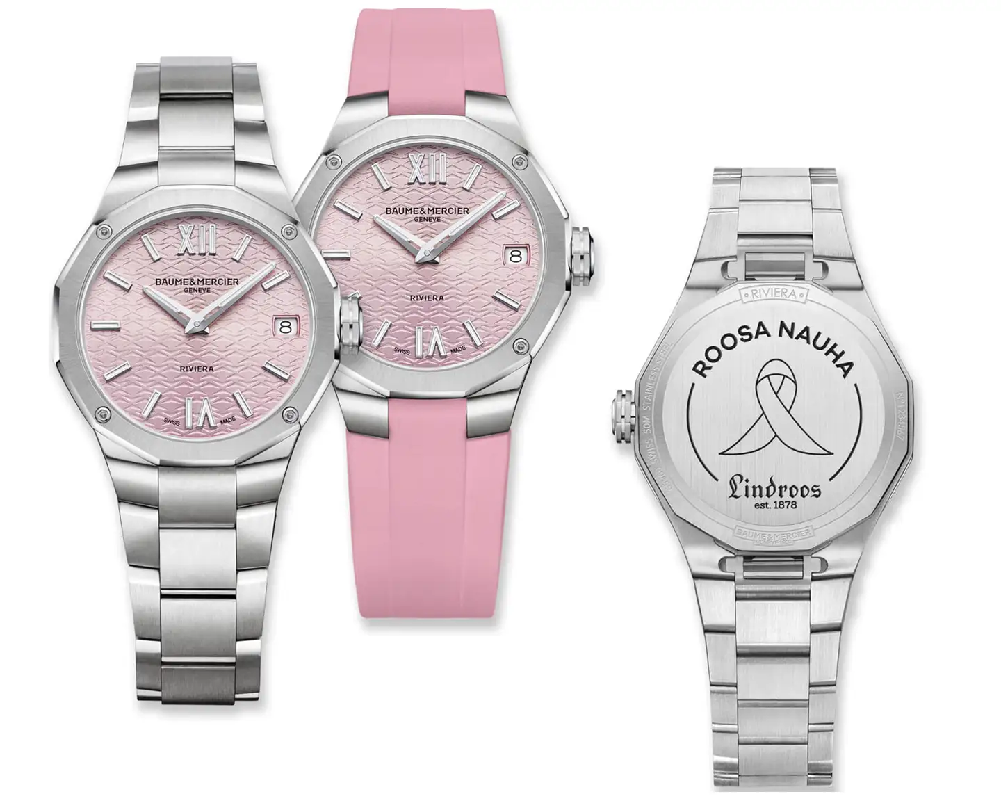 Baume & Mercier Riviera on vuoden 2026 Roosa nauha -kampanjakello. 