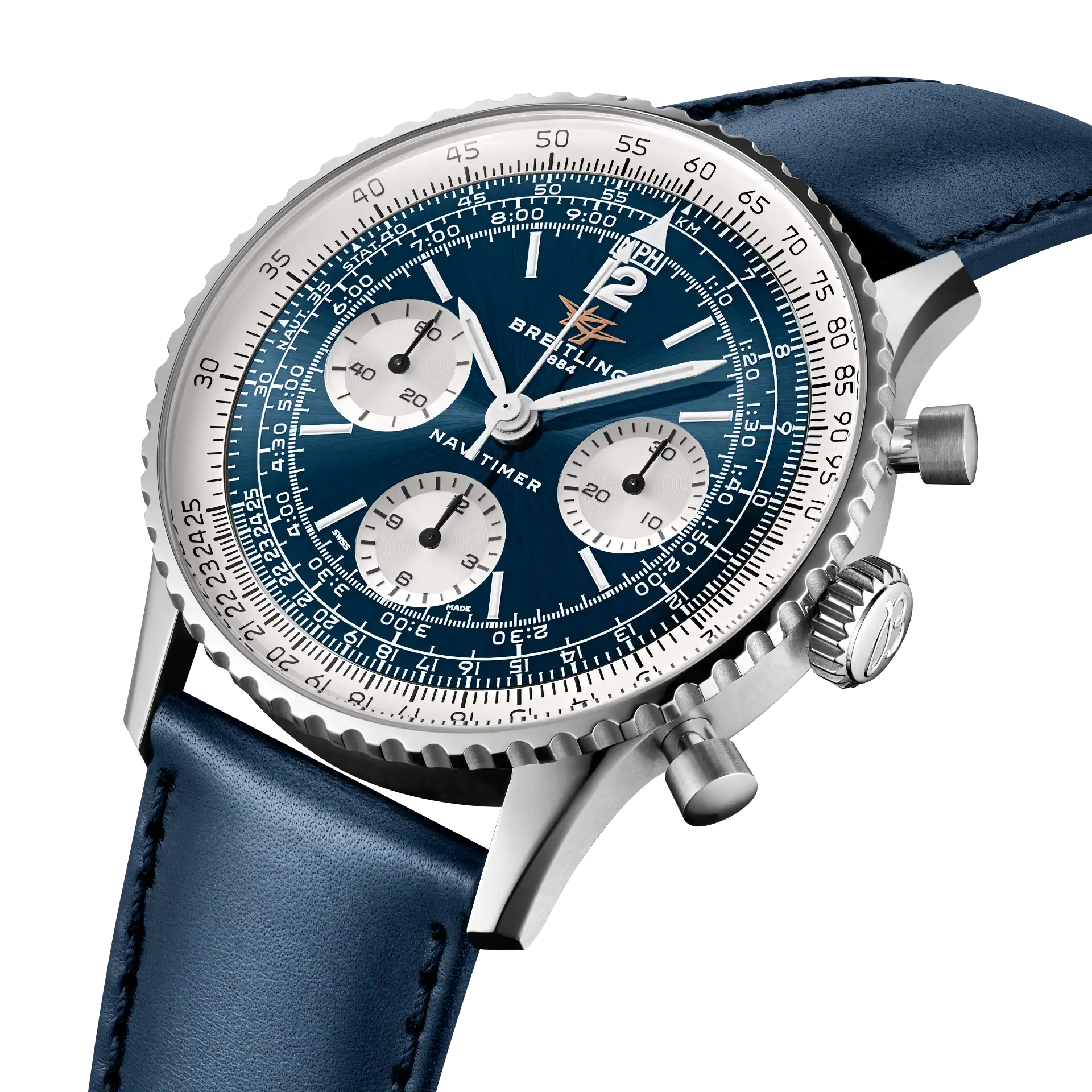 Breitling Navitimer B09 -kronografi sinisellä nahkarannekkeella.