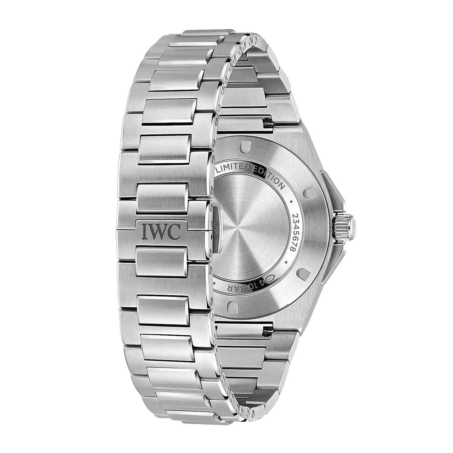 IWC Ingenieur Automatic 40 50th Anniversary -kellomallin näkymä ja integroitu teräsranneke takaapäin.