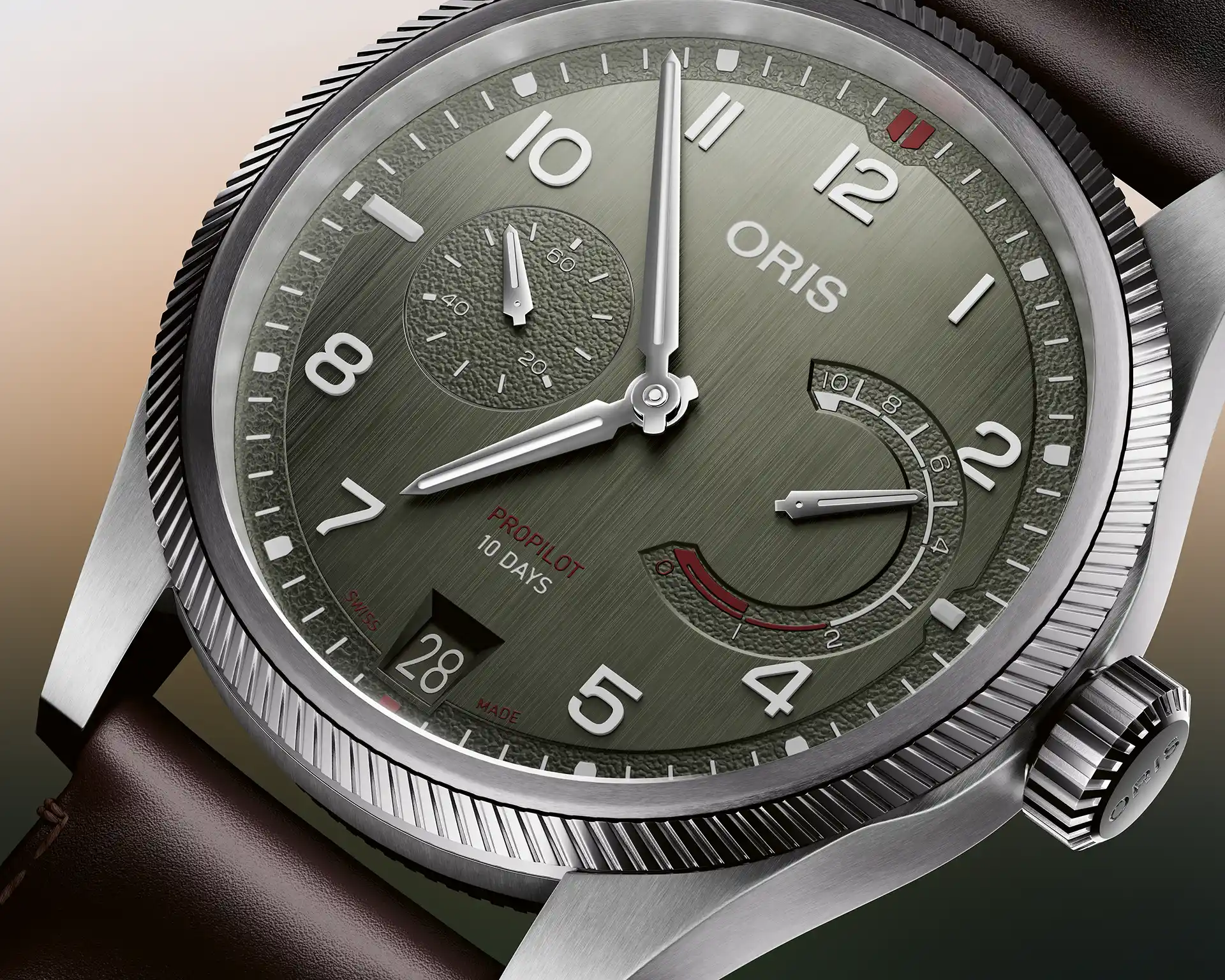 Oris ProPilot Calibre 111 -kellotaulu ja epälineaarinen käyntivaranäyttö.